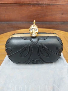 Alexander McQueen Black Leather Embroidered Skull Box Clutch Bag - Picture 1 of 13