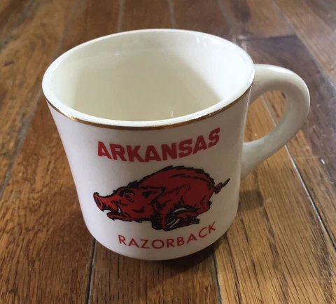 Vintage Arkansas Razorbacks coffee mug glass USA made Gold Trim Rim Cover