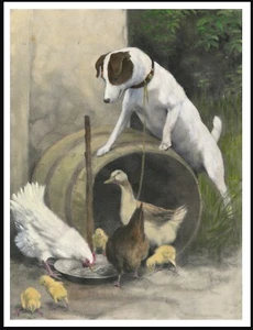 SMOOTH FOX TERRIER DOG AND CHICKENS VINTAGE STYLE DOG ART PRINT POSTER - Picture 1 of 1