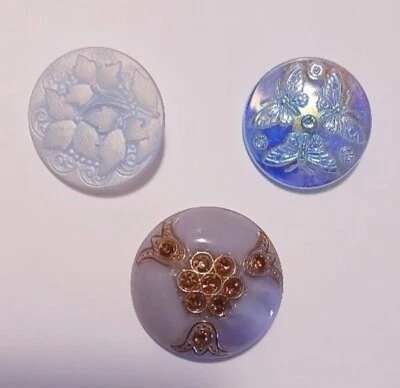 Trio of Czech Glass Buttons, blue, pink, 26 & 30mm - Image 1 of 2