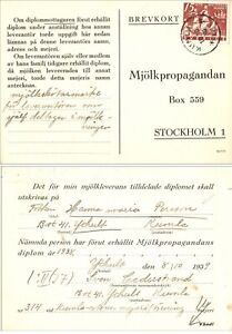 Suède 1938 information sur le diplôme laitier Kumla à Stockholm histoire postale