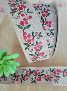 1.5 Inch (5 YDS) Wired Mistletoe Ribbon Christmas Bows Wreaths Gift Wrap Berries - Picture 1 of 1