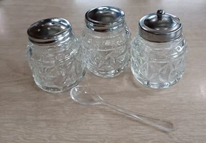 Salt Pepper Sugar Condiment Set Anchor Hocking Quilt Star Pattern Spoon 4 Pieces - Picture 1 of 3