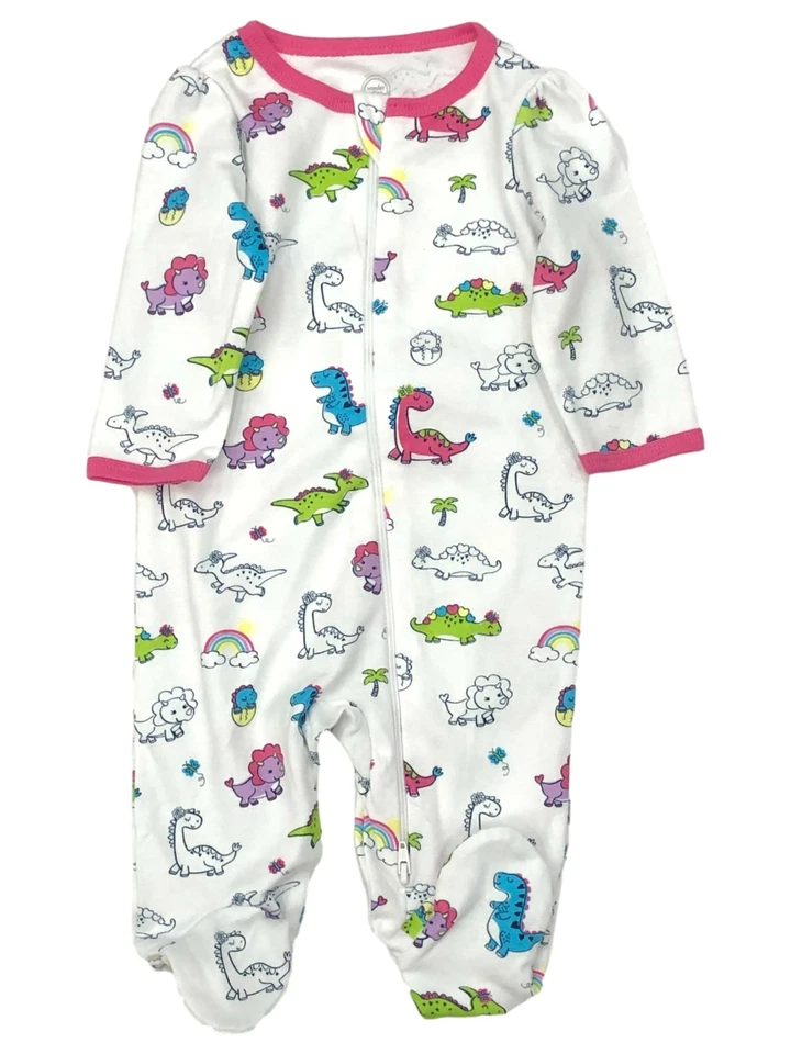 Infant Girls White Pink Cotton Dinosaur Print Baby Sleeper Footie Pajamas - Image 1 of 1