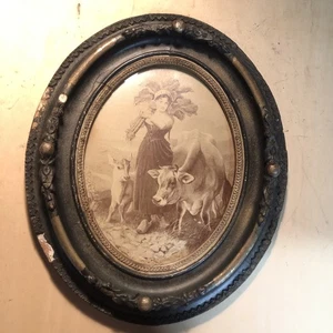 Antique Civil War Era ? Victorian? Oval Gesso Frame w/ Print Girl Cow - Picture 1 of 17