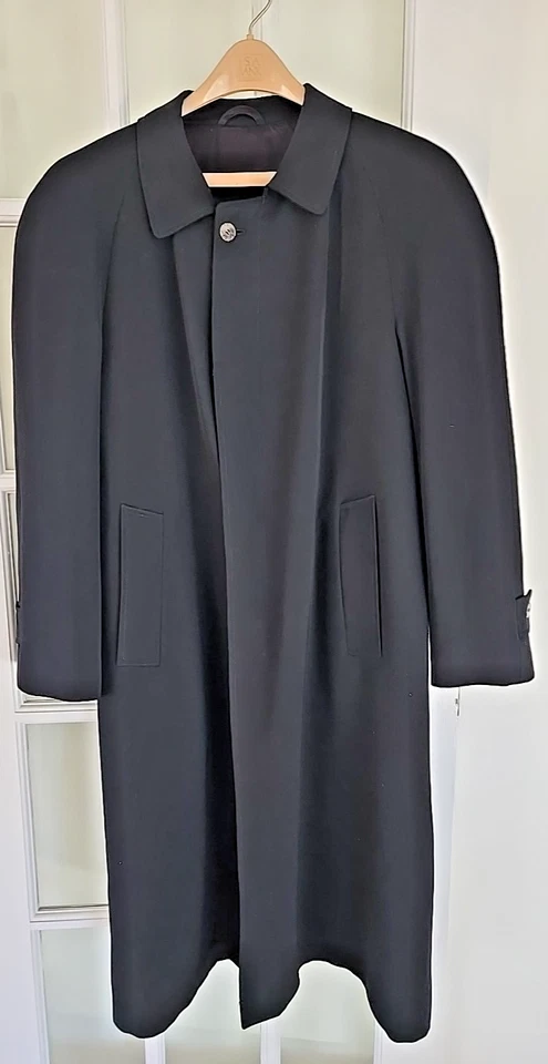 Gabardina vintage BILL BLASS pura lana 40 corta negra 47" largo bolsillo con botones Foto 1 de 4