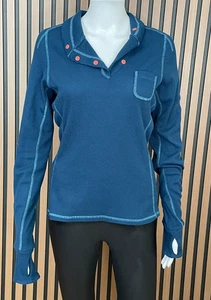 Title Nine Damen Oberteil sportliches T-Shirt Waffelstrick Daumenlochärmel M blau - Bild 1 von 9