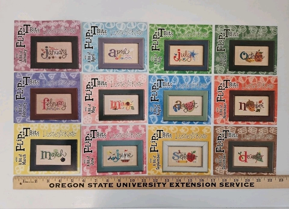 LOT OF 12 Lizzie Kate JAN-DEC MONTH Flip-It Bits Cross Stitch Patterns & Buttons - Image 1 of 4