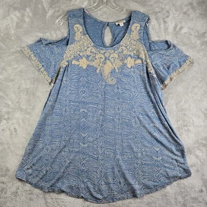 Lucky Brand Top Womens 2X Blue Tan Geometric Embroiderd Cold Shoulder Boho - Picture 1 of 12