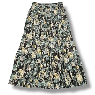 Vintage J.Crew Maxi Skirt Women’s 10 Green Brown Floral 100% Silk Pleated Flowy - Image 1 of 4