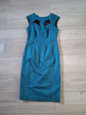 M&S Petrol Snakeskin Print Pencil Dress Sheer Silk Cut Outs Wiggle Classic UK10 - Image 1 of 4