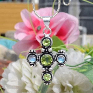 Faceted Peridot Labradorite Gemstone 925 Sterling Silver Cross Gift For Occasion - Picture 1 of 10