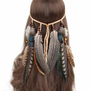 Feather Headband Boho Weave Hippie Indian Style Rope Headdress Fashion Long - Picture 1 of 6