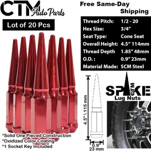 20Pc 4.5" TALL RED 1/2-20 SOLID SPIKE LUG NUT+KEY FIT OLD CHEVY CADILLAC BUICK - Picture 1 of 2