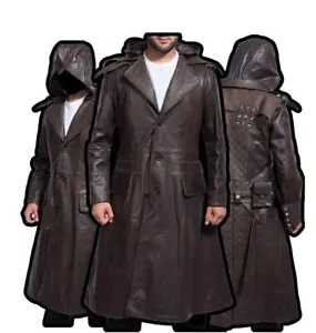 Herren Jakob Assassin braun Echtleder Fries Trench Kostüm Mantel - Bild 1 von 5