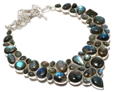 Shiny Labradorite Gemstone 925 Sterling Silver Handmade Jewelry Necklace 18" - Image 1 of 4