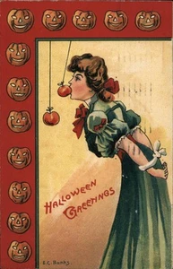 Halloween Grüße, Frau isst Apfel an einer Schnur 1908 E. C. Banks Postkarte - Bild 1 von 2