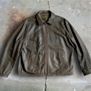 Vintage Eddie Bauer Brown Leather Jacket Size XL Tall Zip Pockets Heavy - Picture 1 of 15