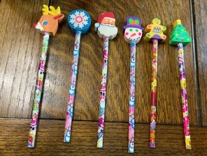 Lisa Frank 6 Pencils Jumbo Erasers Winter Christmas Vintage 80s Girls Trend LFI - Picture 1 of 6