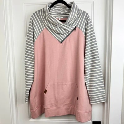 Maurices Tunic Top Pullover Cowl Neck Striped Pocket Pink Gray Women's Plus 3 - Image 1 of 3
