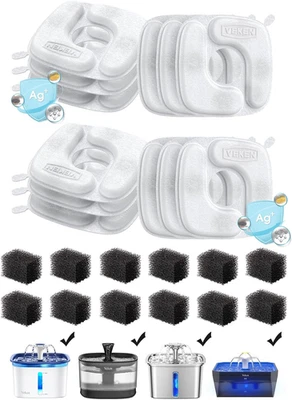 Veken Cat Water Fountain Filters, 12 Pack Replacement Filters & 12 Pack Replacem