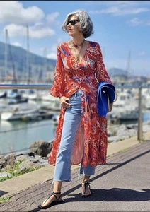 Zara Boho Festival Metallic Thread Bell Sleeve V-Neck Midi Kaftan Dress Size M - Picture 1 of 20