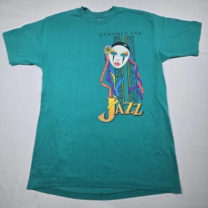 Vintage New Orleans Jazz Mask Tee T-Shirt USA Hanes Teal Single Stitch Large - Picture 1 of 8