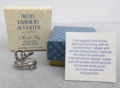 Avon Secret Key Sterling Silver Ring Adjustable Size 6 New Old Stock 1976 Boxed - Image 1 of 4