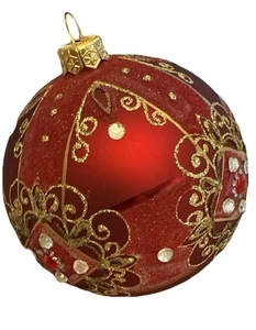 Vintage Weihnachtsschmuck Glas verziert rot gold mit Schmucksteinen besetzt Glitzer 4" Oma Kern - Bild 1 von 15