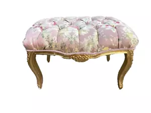 Royal Vanity Stool Louis XVI Gilded Bed Bench with Pink Tufted Damask Bench - Picture 1 of 5