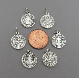 6 pc Holy Medal Charms ITALY ~ St. Saint BENEDICT 1/2" SMALL M110 finish SILVER - Picture 1 of 3