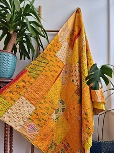Indian Silk Kantha Quilt Handmade Sari Patchwork Bedspread - Picture 1 of 5