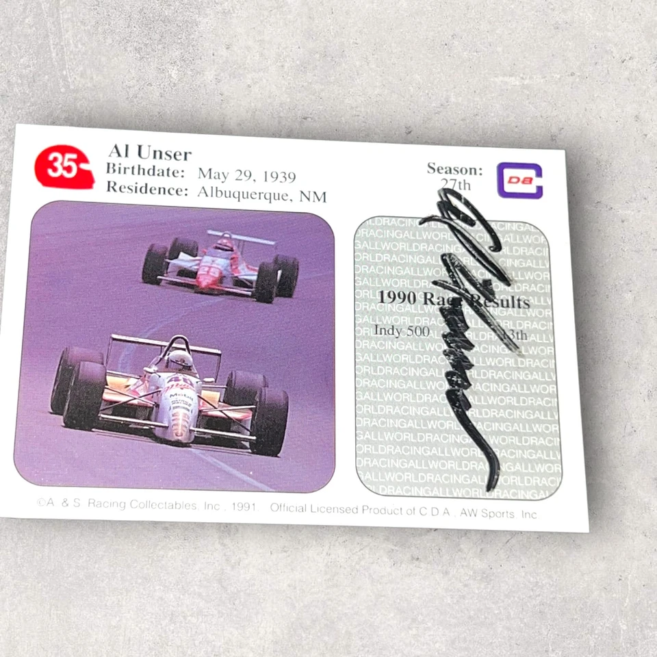 Al Unser 1991 ALL WORLD RACING INDY 500 CHAMPION VINTAGE RACING signed card #35 - Image 1 of 2
