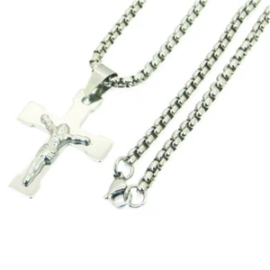 PENDENTIF HOMME ACIER CROIX JESUS CHRIST CRUCIFIE CHAINE CHENILLE INCLUSE N1079K - Picture 1 of 1