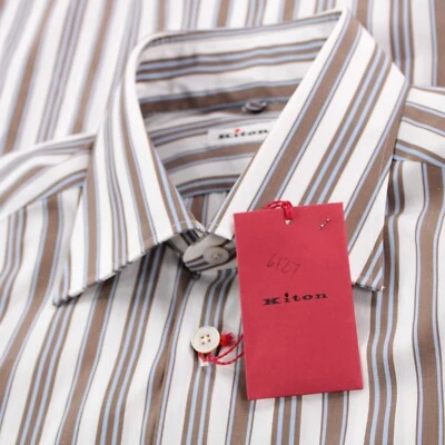Camicia elegante Kiton nuova con etichetta taglia 15,75 40 marrone con righe bianche blu 100% cotone - Immagine 1 di 4