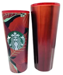 Starbucks Holiday 2020 Venti Tumbler Ombré Red Scalloped & Red Poinsettia Set - Picture 1 of 9