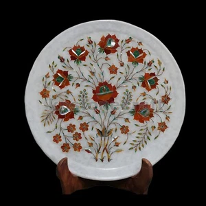 Antique Floral Design White Marble Inlay Wall Plate – 12"x12" with Semiprecious - Picture 1 of 6