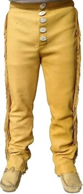 Men Native American Western Buckskin Ragged Leather Deerskin Pants Mountain Man - Image 1 of 4