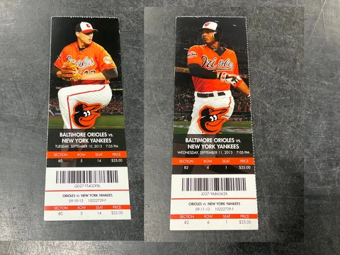 ORIOLES 2013 TICKET STUB 9/10/13-9/11/13 VS YANKEES~Mariano Rivera SV # 640-641 Cover
