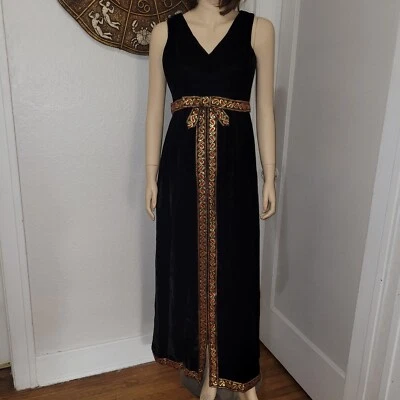 Mod Vintage Black Velvet Hostess Dress With Shorts Red & Gold Paisley Trim 1960s - Image 1 of 4