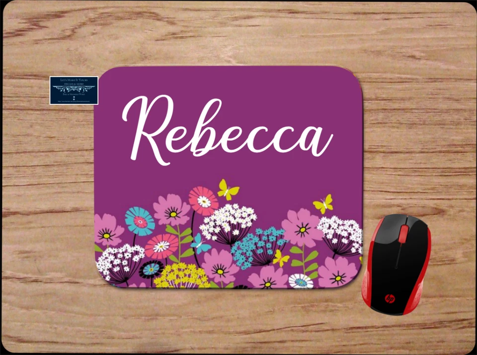SPRING FLOWERS PERSONALIZED YOUR NAME PURPLE PC MOUSE PAD DESK MAT OFFICE GIFT - Image 1 of 1