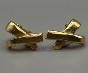 Antigona Paris Women’s Clip On Earrings Yellow Gold Plated X Shape Chunky 1 1/8” - Picture 1 of 9