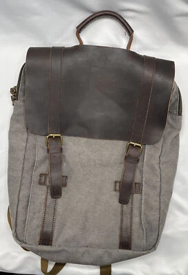Backpack High Quality Gray Canvas Leather Tote Messenger School Bag Computer - Image 1 of 4
