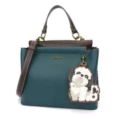 NEW Chala Satchel Crossbody Tote Bag Turquoise Blue Pleather WHITE SHIH TZU dog - Image 1 of 4