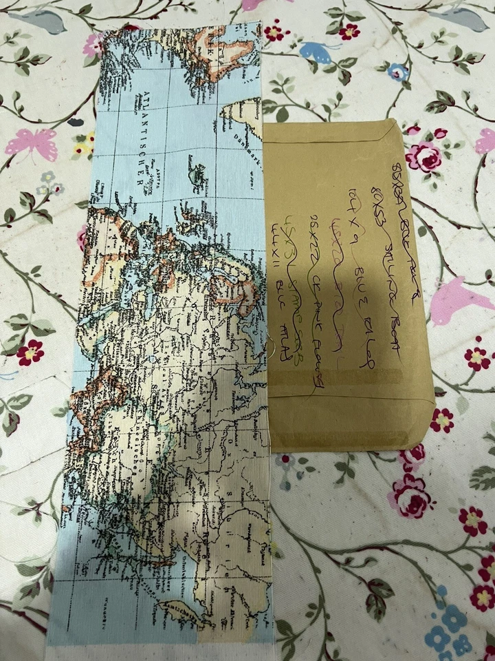 Fabric Remnant Patchwork Sewing Material Blue World Map Atlas Globe 44x11cm - Image 1 of 1