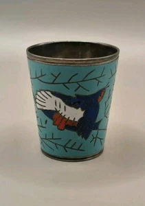 Vintage "Russian" ART DECO cloisonne SHOT GLASS On Silver -Blue Bird hallmarked - Picture 1 of 8