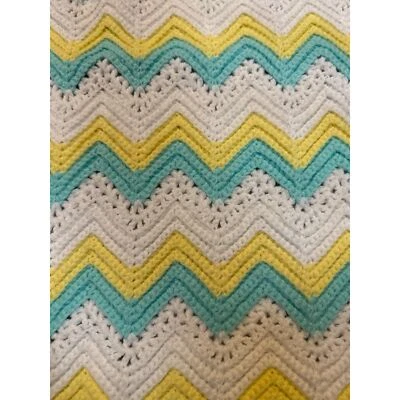 Handmade Crochet Baby Blanket Chevron Pattern 48" x 31" Yellow/White/Blue - Image 1 of 4