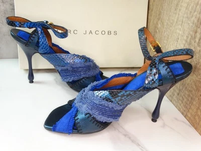 MARC JACOBS Italy Blue Snakeskin Suede Ruffled Sandal Sculpted Heels 37 7 Runway - Image 1 of 4