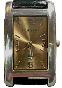 KENNETH COLE NY PARA HOMBRES 26mm Reloj Tanque Tono Plateado Fecha Cuero Negro Batería Nueva - Imagen 1 de 15