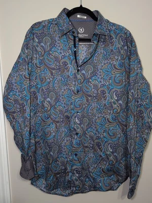RARE Vintage BUGATCHI UOMO Mocha & Blue Paisley Men's Shirt - XL - SHAPED FIT - Image 1 of 4